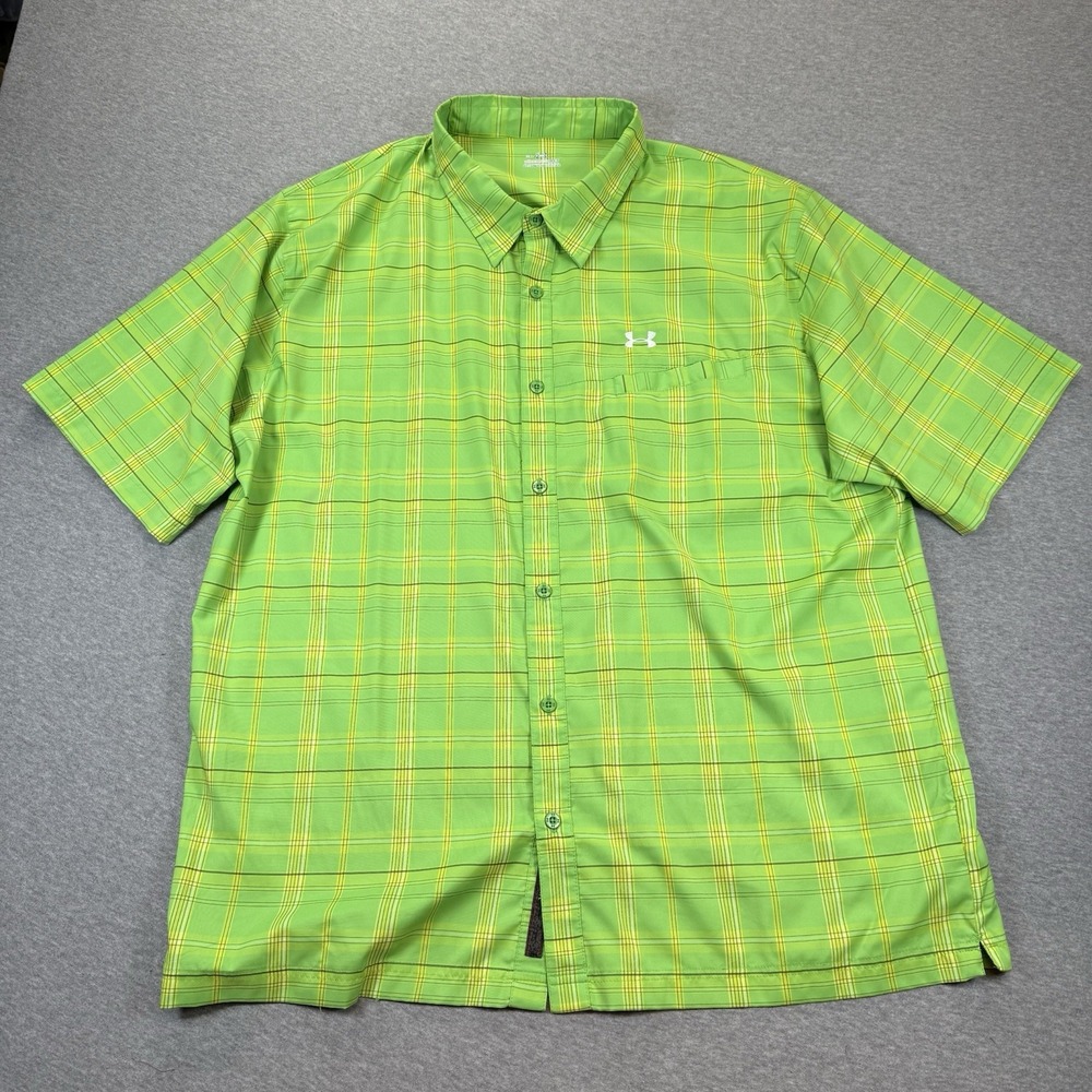Under Armour Mens 2XL All Seasons Short Sleeve Button Up Shirt Lime Green Plaid